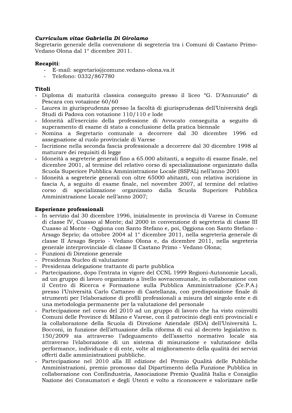 Curriculum Vitae- Segretario