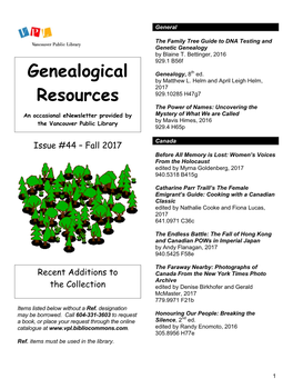 Genealogical Resources Enewsletter Is a Free Salt Lake City, Utah Bi-Annual Publication of the Vancouver Public Library Distributed by Email