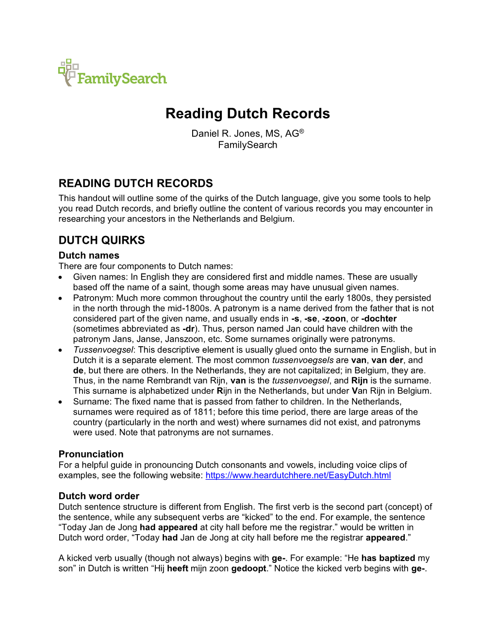 Reading Dutch Records Daniel R