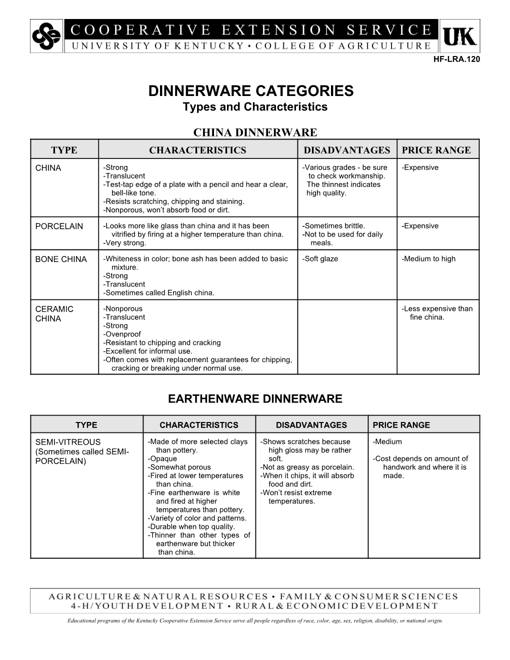 DINNERWARE CATEGORIES Types and Characteristics