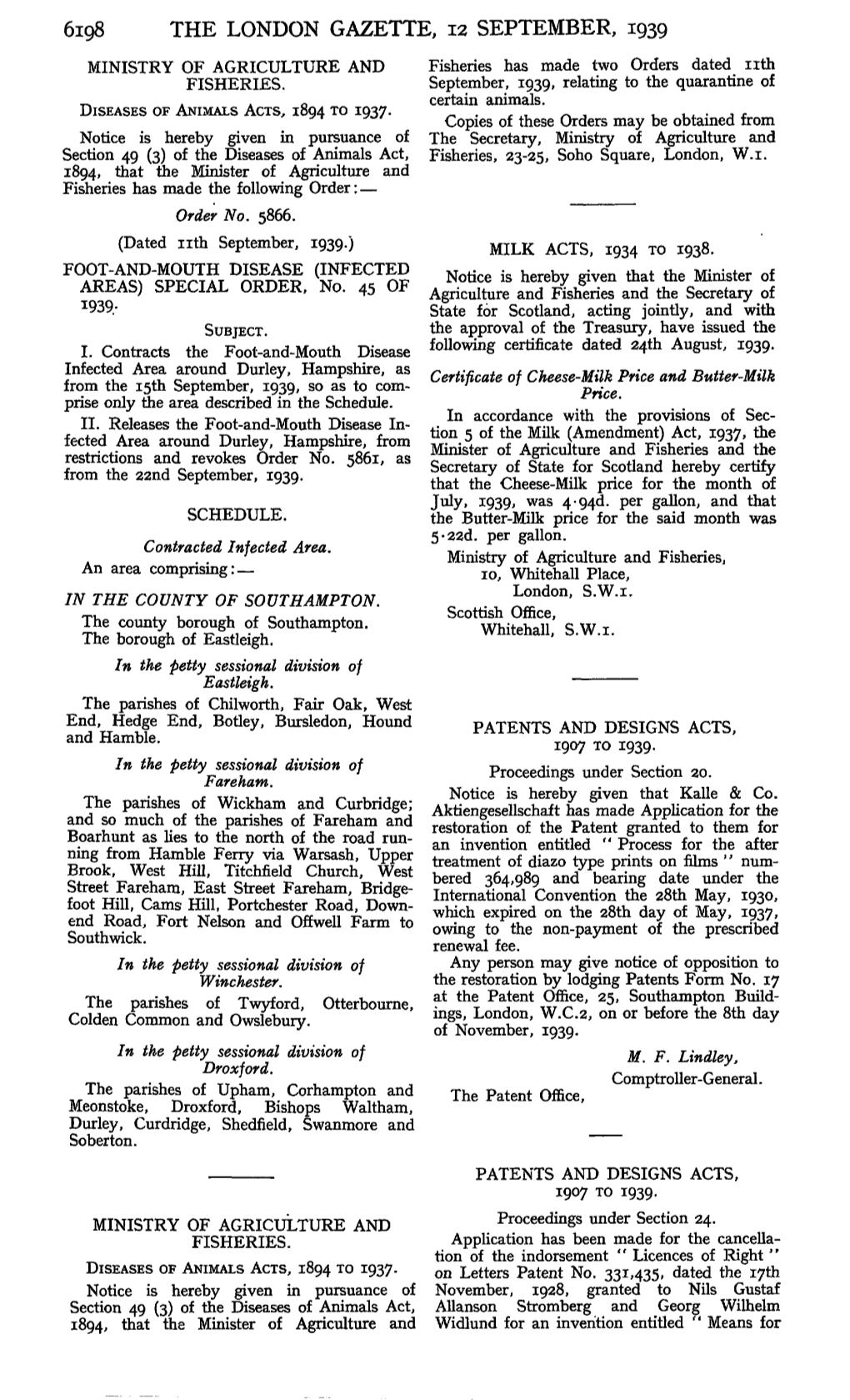 THE LONDON GAZETTE, 12 SEPTEMBER, 1939 MINISTRY of AGRICULTURE and Fisheries Has Made Two Orders Dated Nth FISHERIES