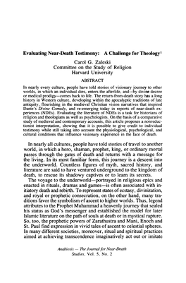 Evaluating Near-Death Testimony: a Challenge for Theology' Carol G