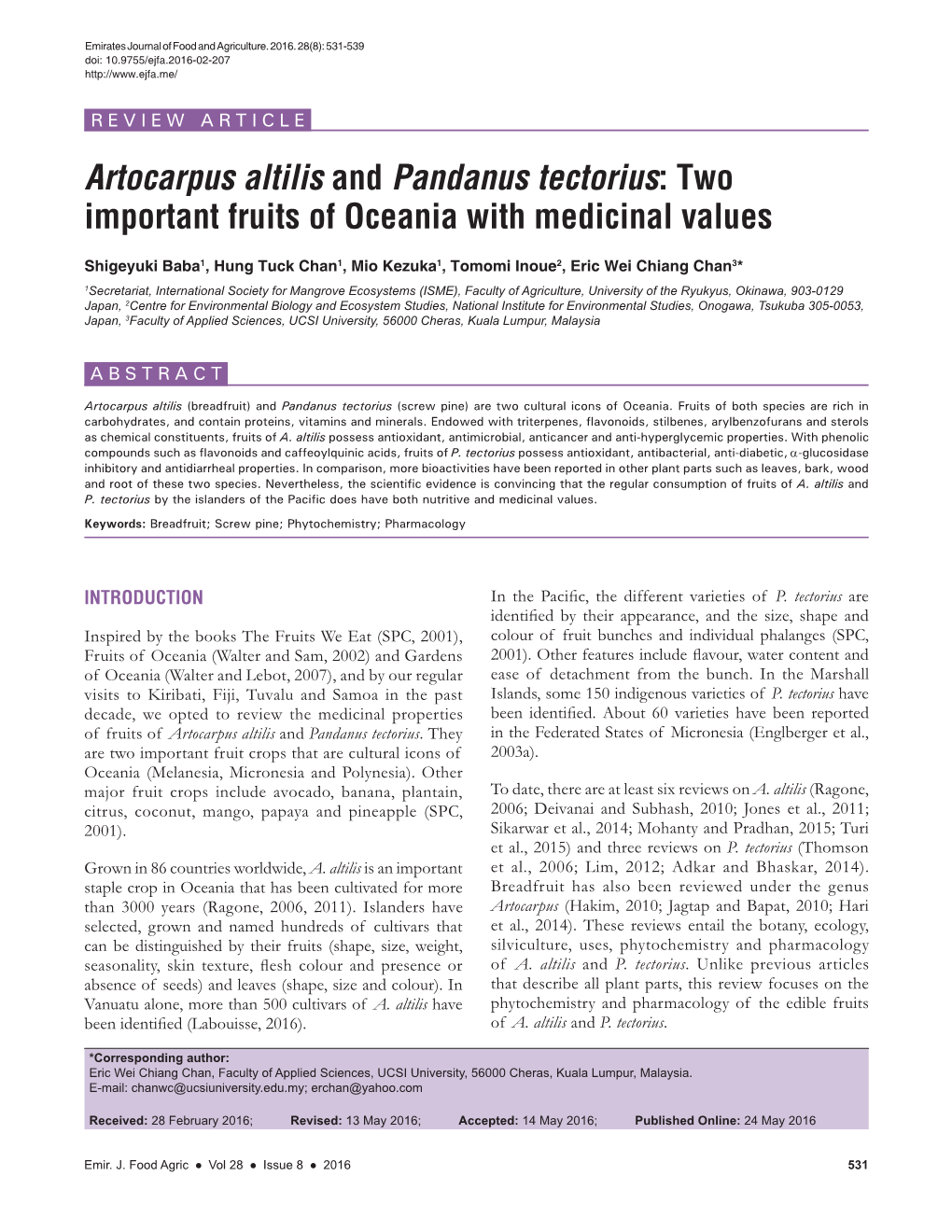 Artocarpus Altilis and Pandanus Tectorius: Two Important Fruits of Oceania with Medicinal Values