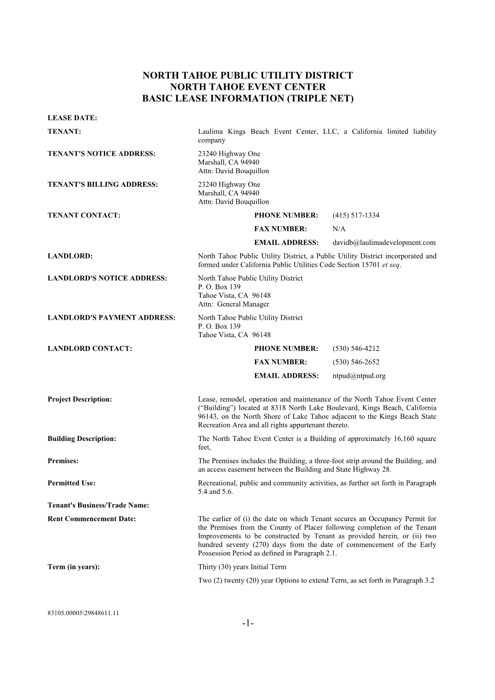 North Tahoe Public Utility District North Tahoe Event Center Basic Lease Information (Triple