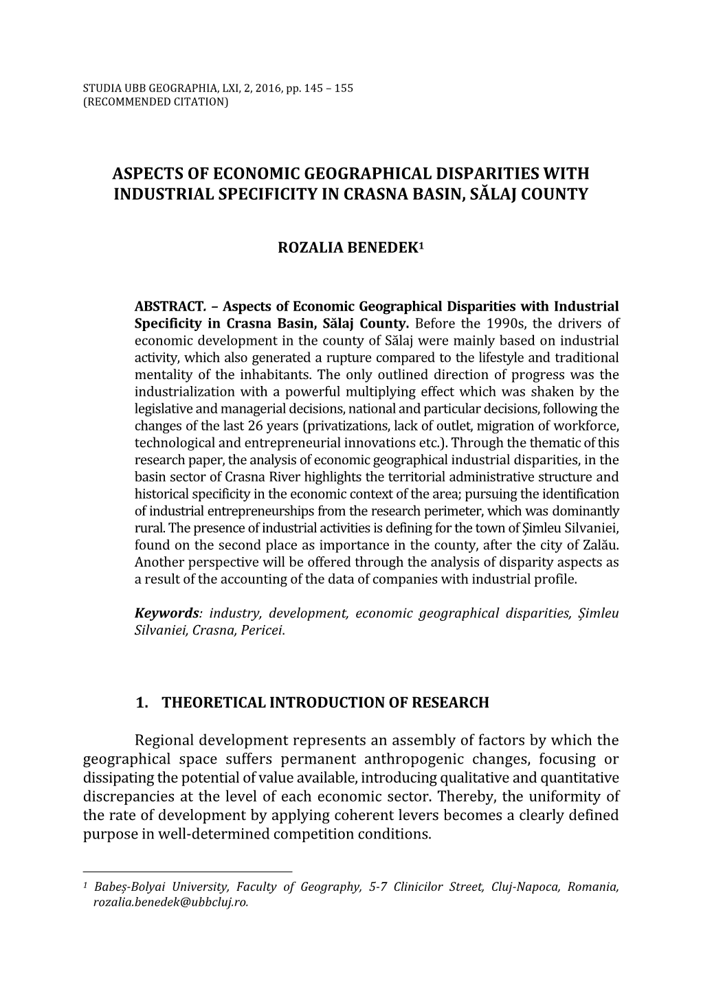 Aspects of Economic Geographical Disparities with Industrial Specificity in Crasna Basin, Sălaj County