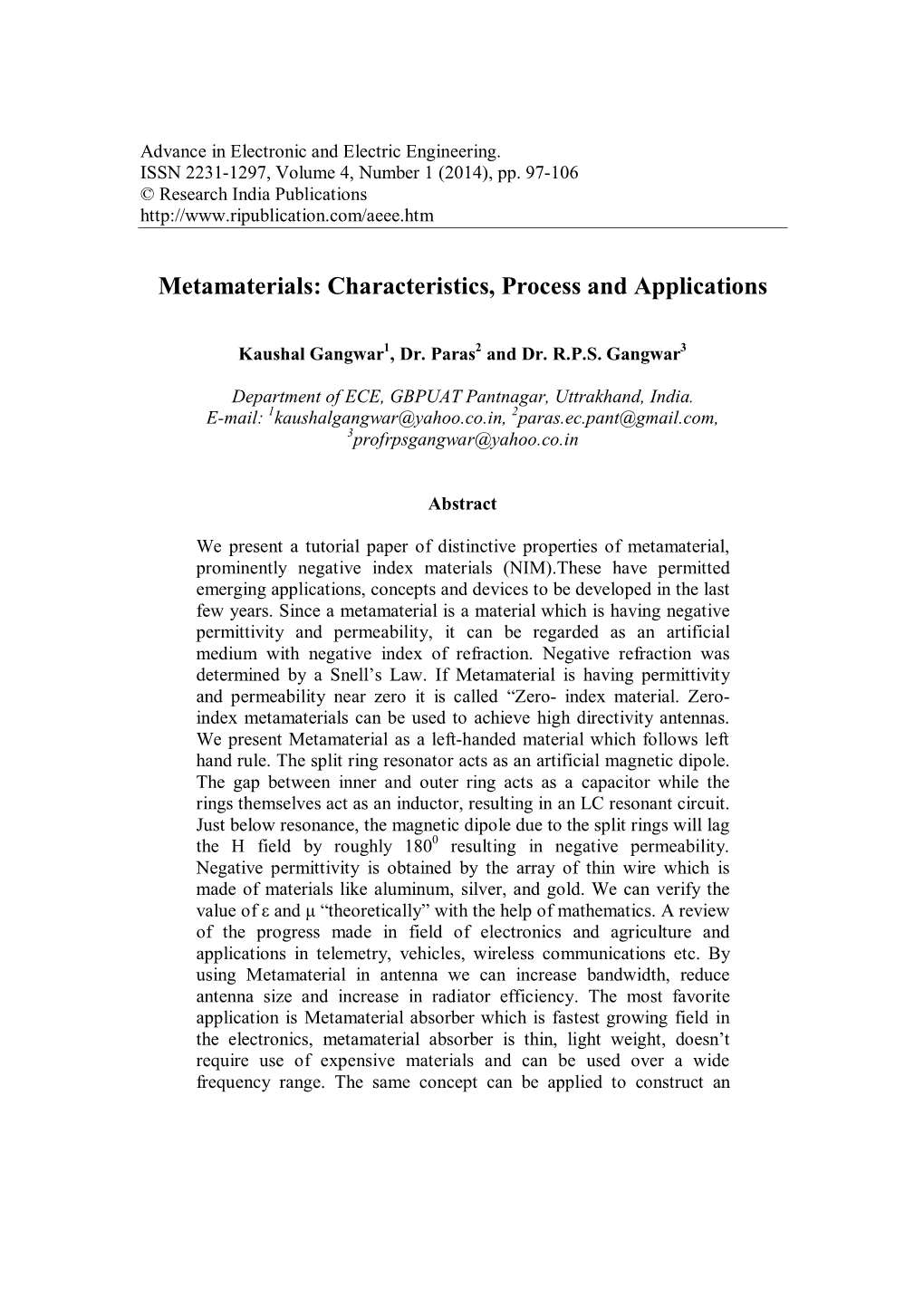 Metamaterials: Characteristics, Process and Applications