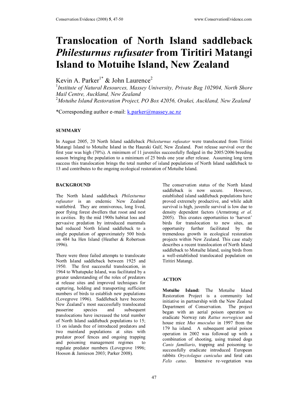 Translocation of North Island Saddleback Philesturnus Rufusater from Tiritiri Matangi Island to Motuihe Island, New Zealand