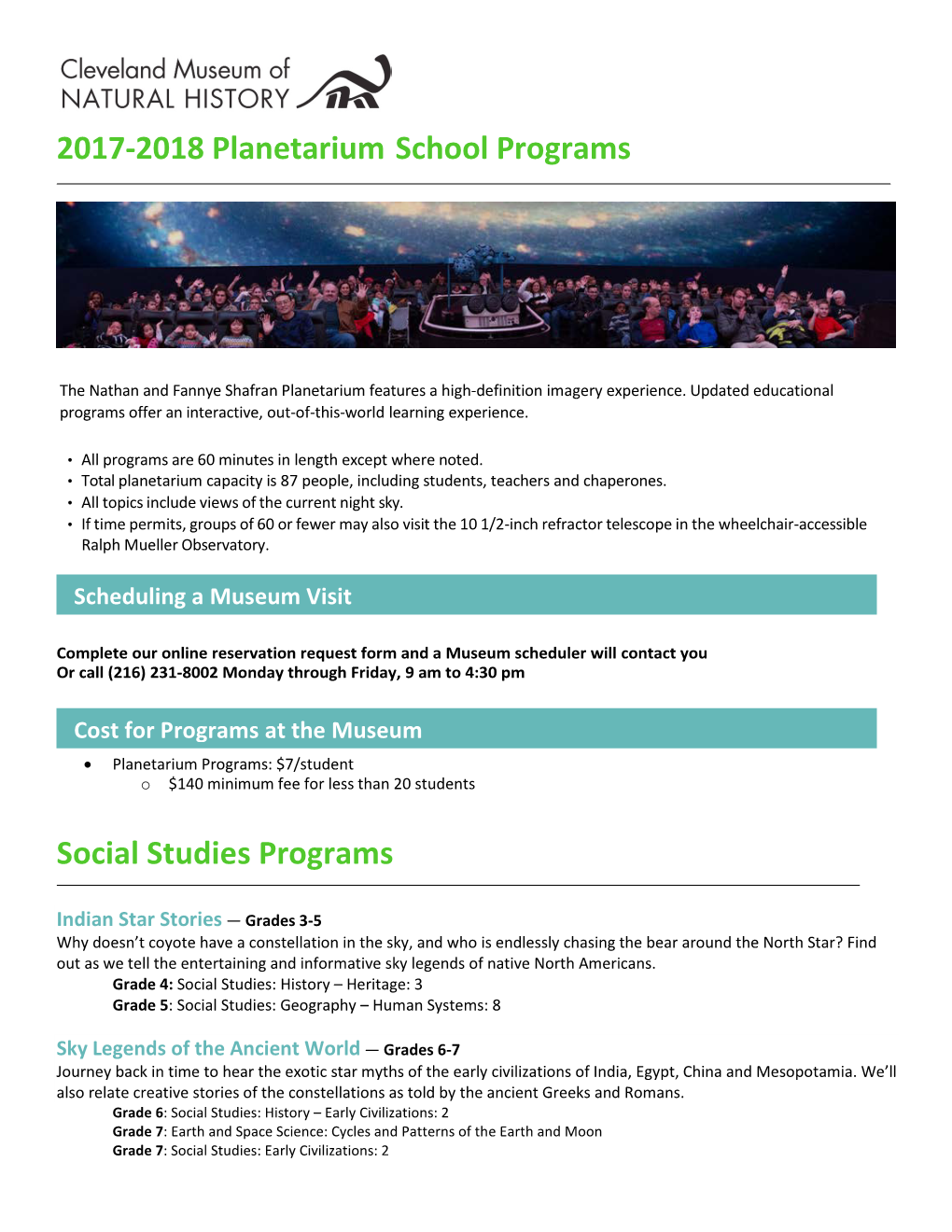 2017-2018 Planetarium School Programs