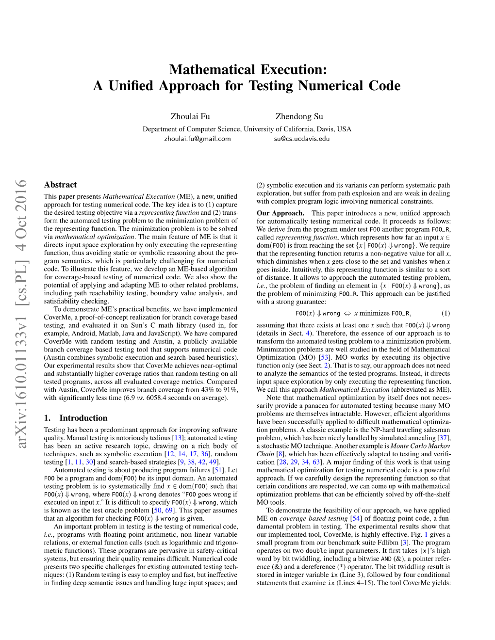 Mathematical Execution: a Unified Approach for Testing Numerical Code