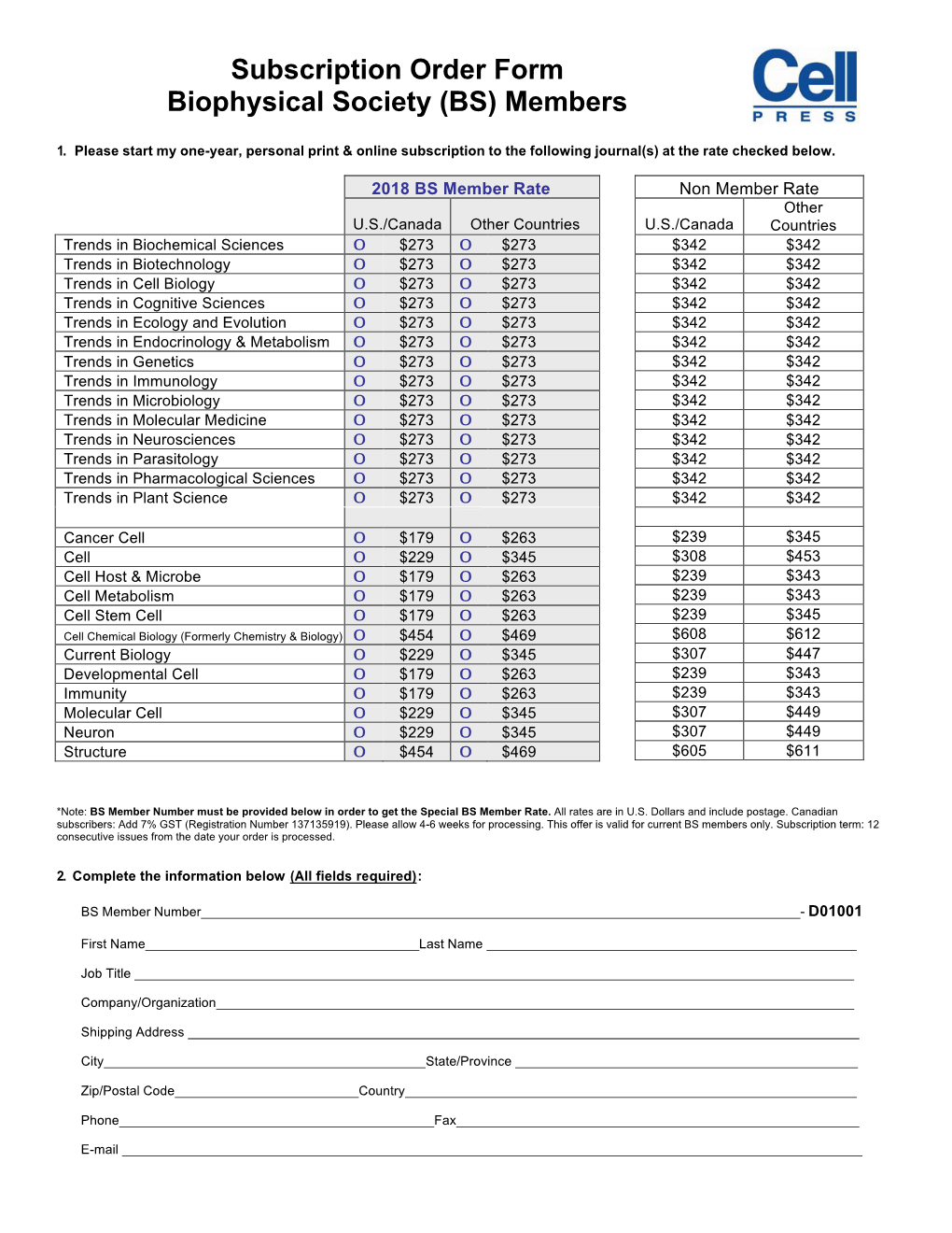 Cell Press Subscription Form