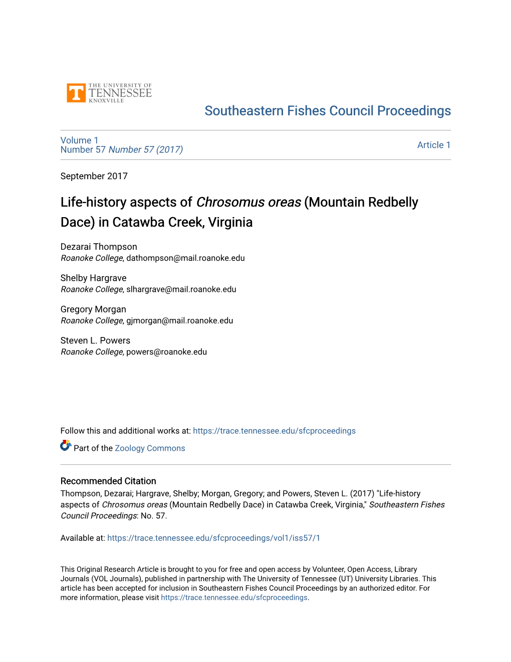 Life-History Aspects of Chrosomus Oreas (Mountain Redbelly Dace) in Catawba Creek, Virginia