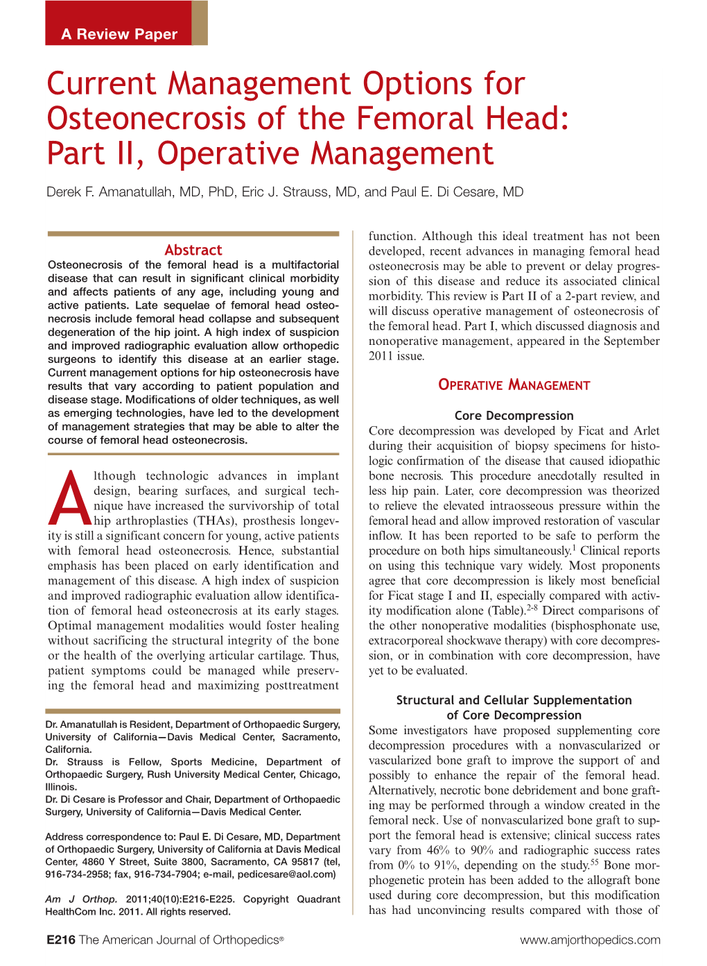 Current Management Options for Osteonecrosis of the Femoral Head: Part II, Operative Management Derek F
