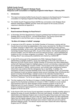 Suffolk County Council Shaping the Future of England's Strategic Roads Response to Dft Consultation on Highways England's Initial Report – February 2018