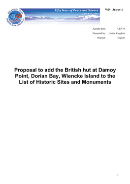 Proposal to Add the British Hut at Damoy Point, Dorian Bay, Wiencke Island to the List of Historic Sites and Monuments