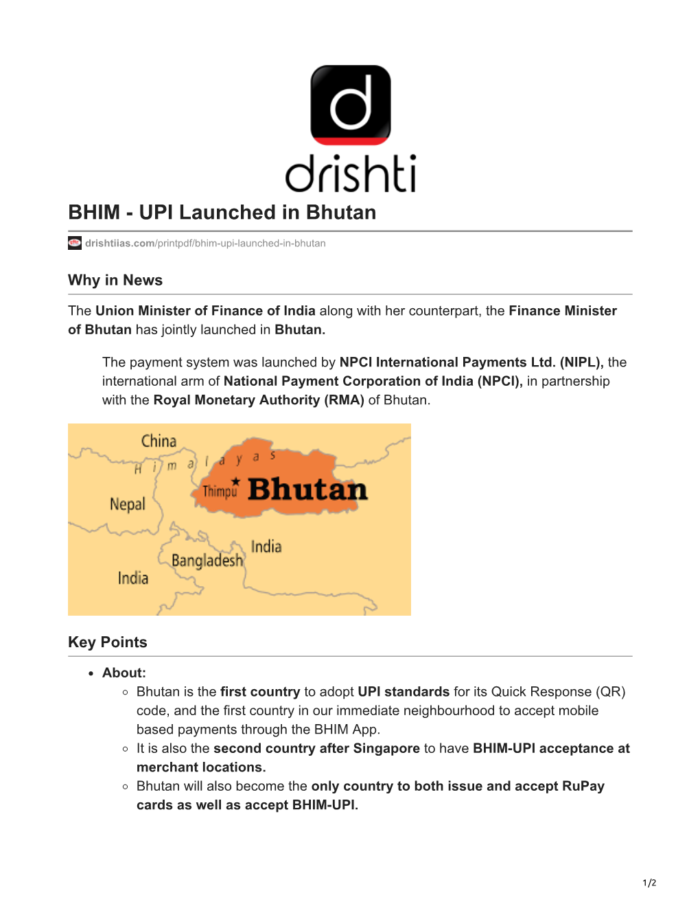 BHIM - UPI Launched in Bhutan