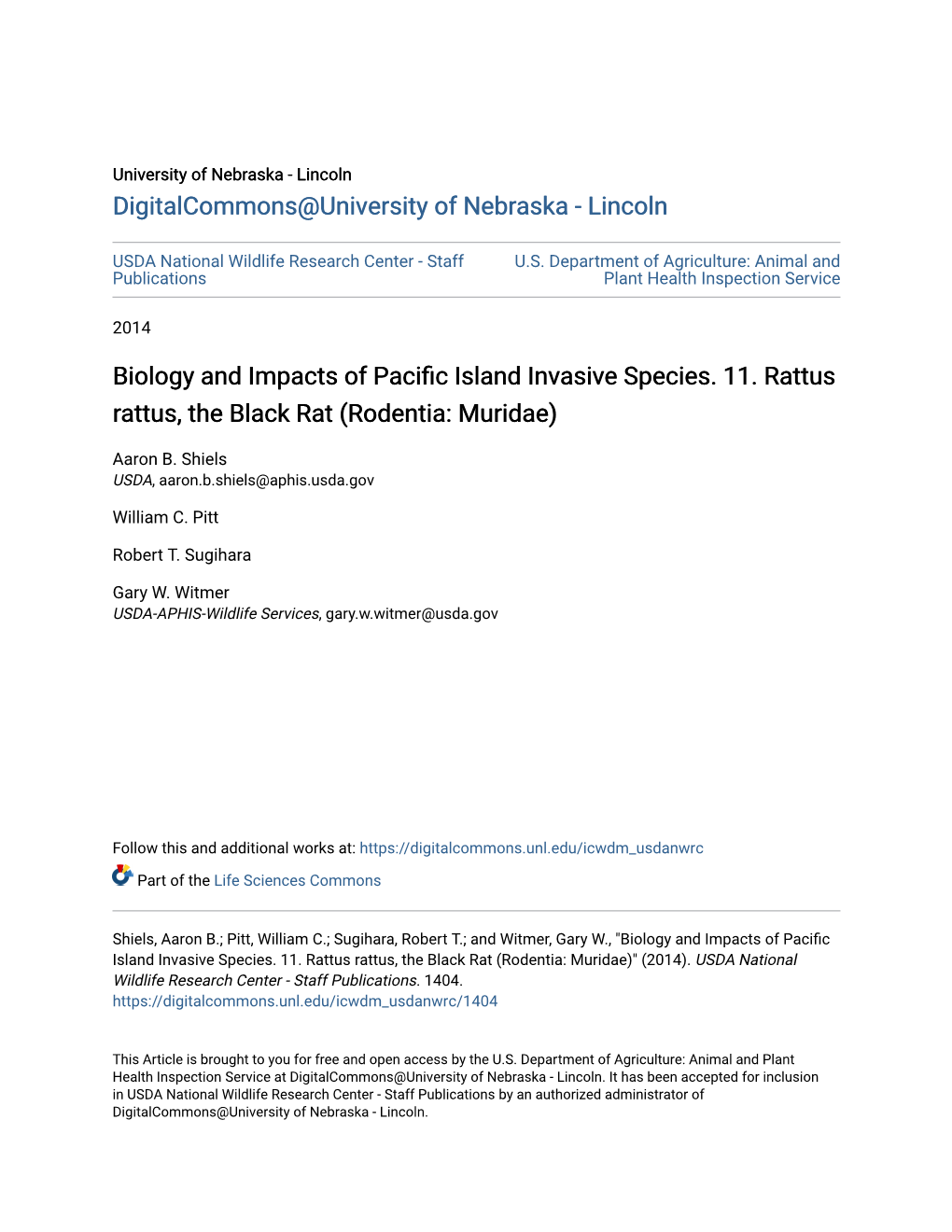 Biology and Impacts of Pacific Island Invasive Species. 11. Rattus Rattus, the Black Rat (Rodentia: Muridae)