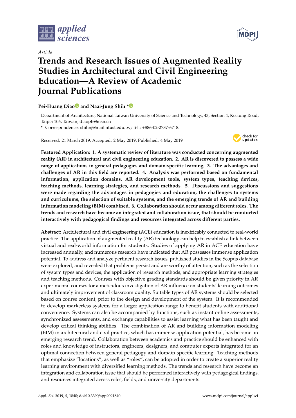 Trends and Research Issues of Augmented Reality Studies in Architectural and Civil Engineering Education—A Review of Academic Journal Publications