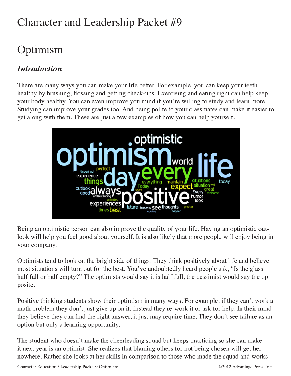 Character and Leadership Packet #9 Optimism