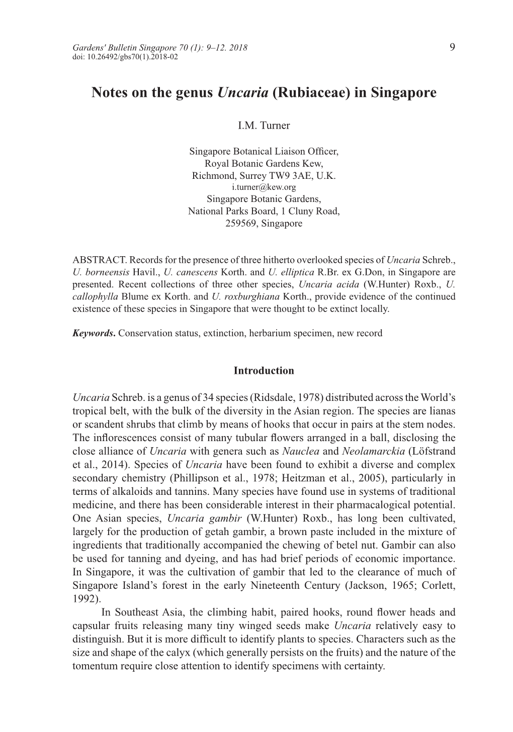 Notes on the Genus Uncaria (Rubiaceae) in Singapore