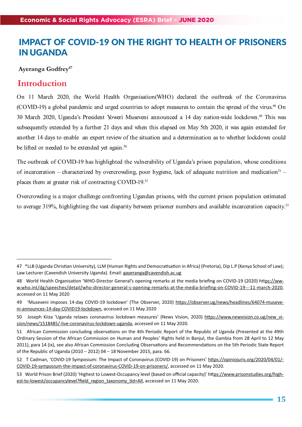 Impact of Covid-19 on the Right to Health of Prisoners in Uganda