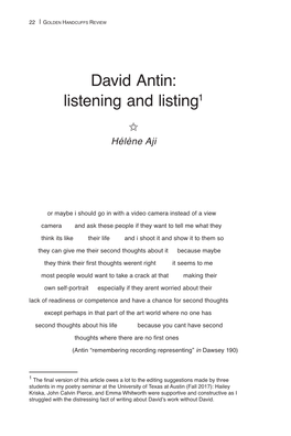 David Antin: Listening and Listing1 I Hélène Aji