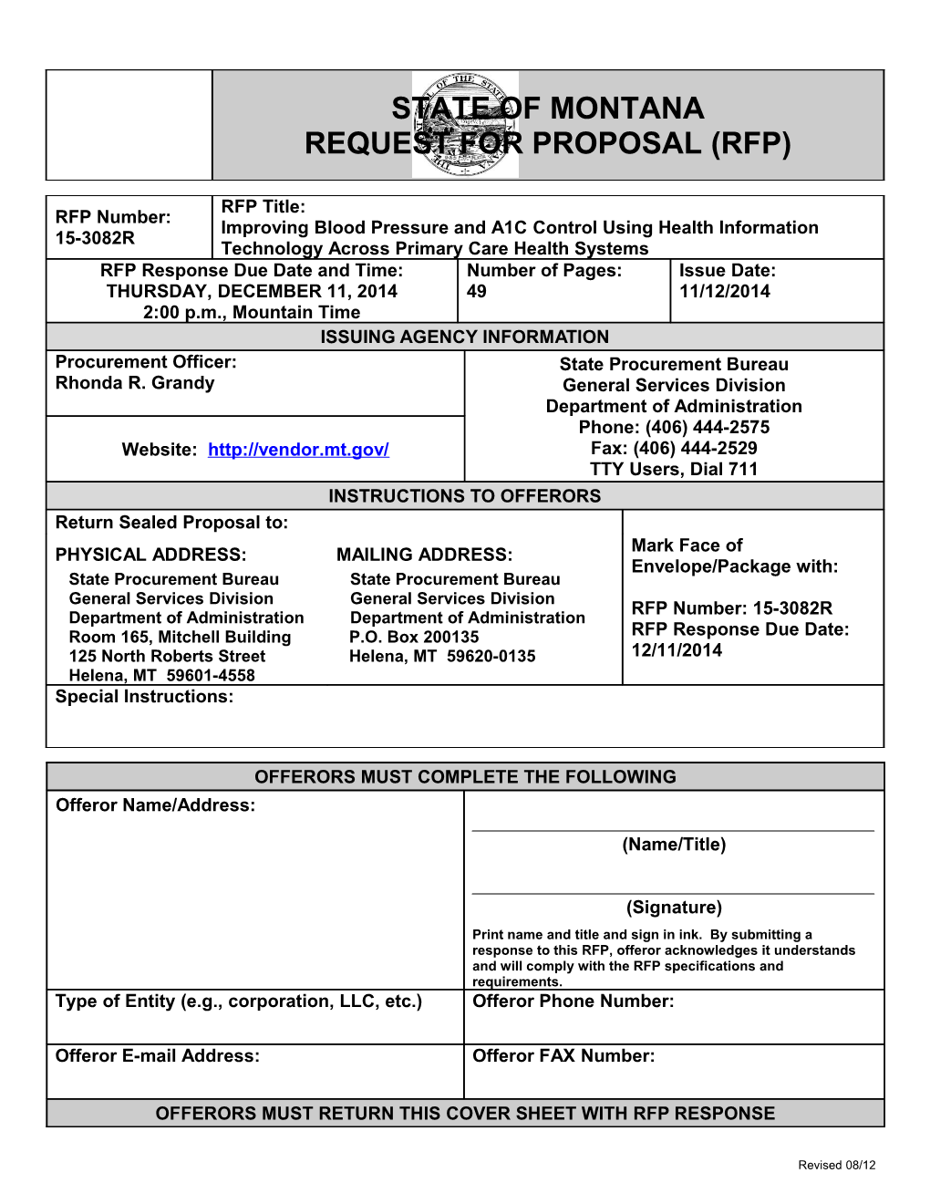 RFP#15-3082R, Improving Blood Pressure and A1C Control Using Health Information Technology