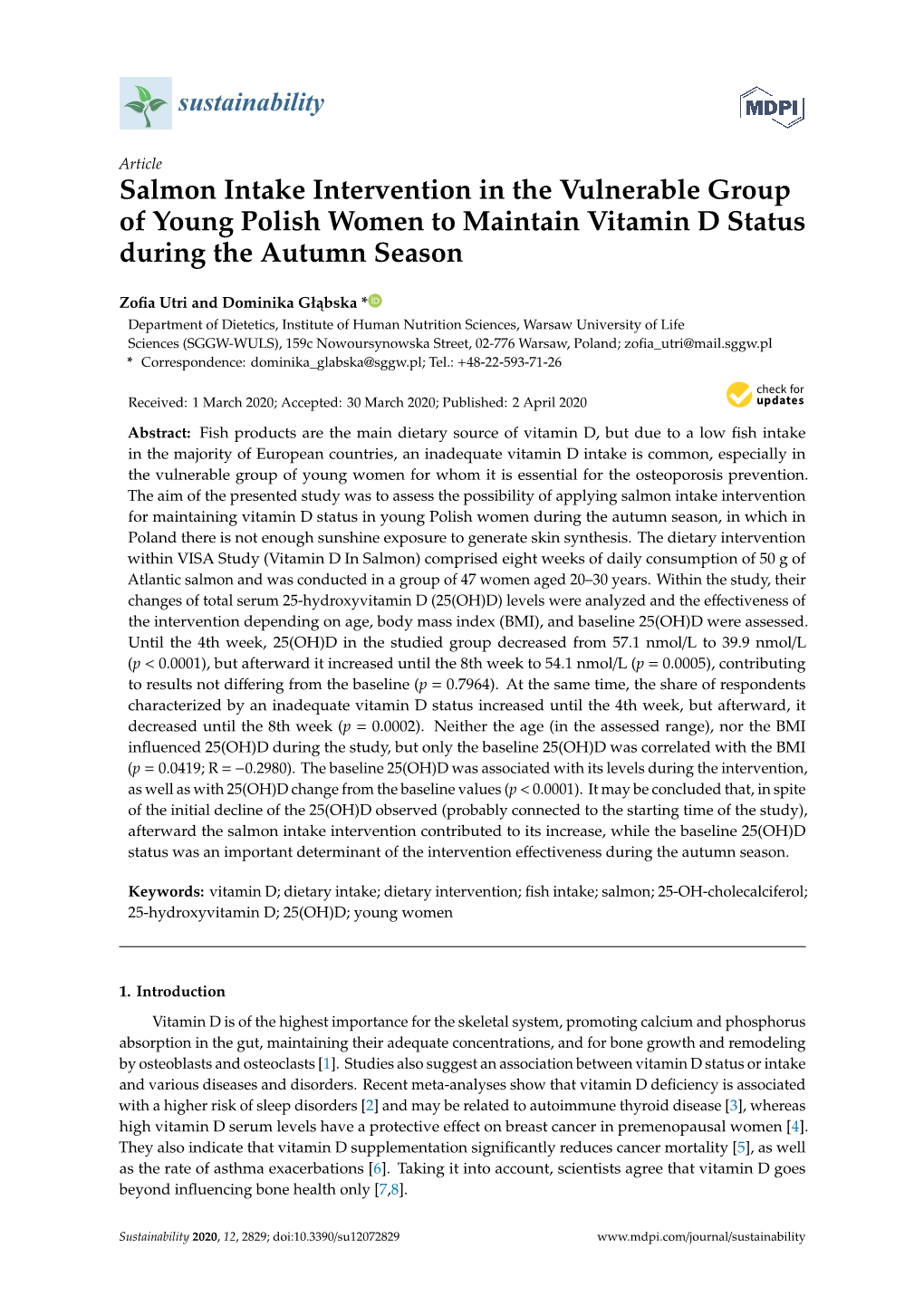 Salmon Intake Intervention in the Vulnerable Group of Young Polish Women to Maintain Vitamin D Status During the Autumn Season
