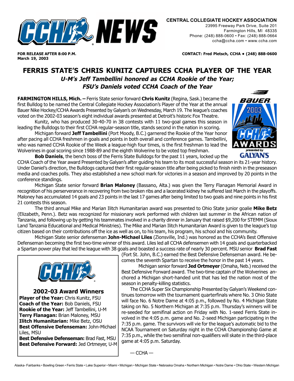 2002-03 CCHA Award Winners