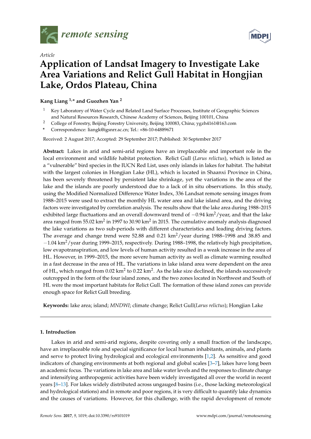 Application of Landsat Imagery to Investigate Lake Area Variations and Relict Gull Habitat in Hongjian Lake, Ordos Plateau, China