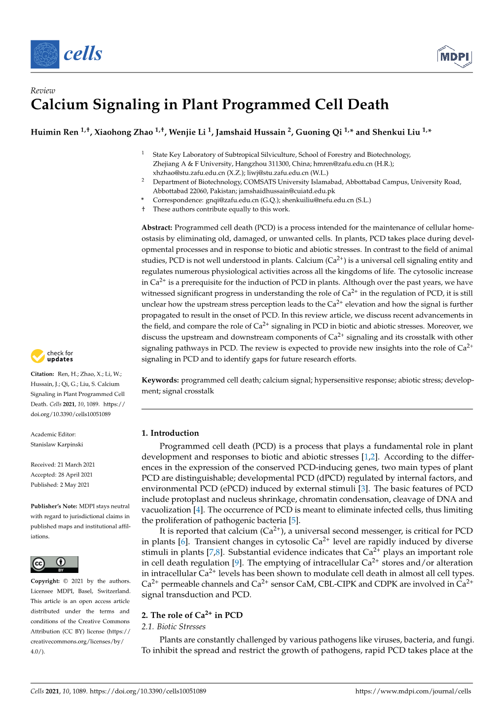 Calcium Signaling in Plant Programmed Cell Death