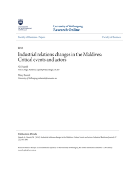 Industrial Relations Changes in the Maldives: Critical Events and Actors Ali Najeeb Villa College, Maldives, Najeeb@Villacollege.Edu.Mv