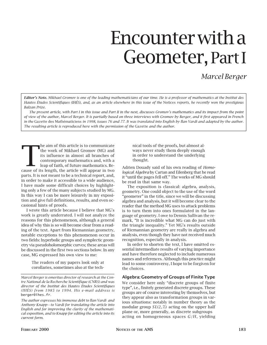 Encounter with a Geometer, Part I, Volume 47, Number 2