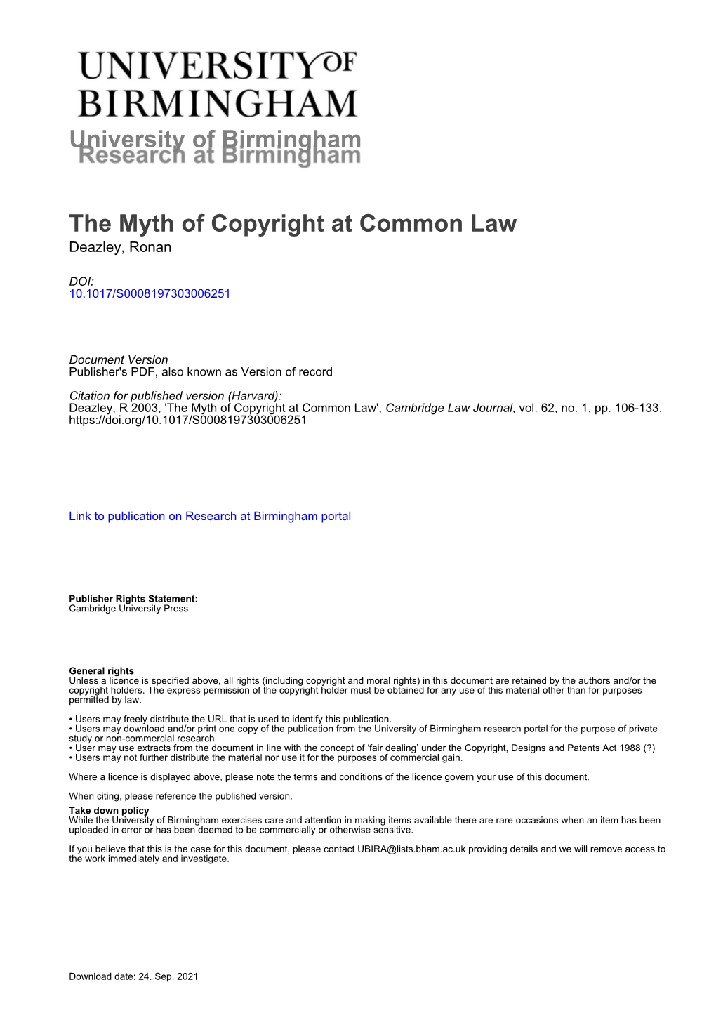 The Myth of Copyright at Common Law Deazley, Ronan