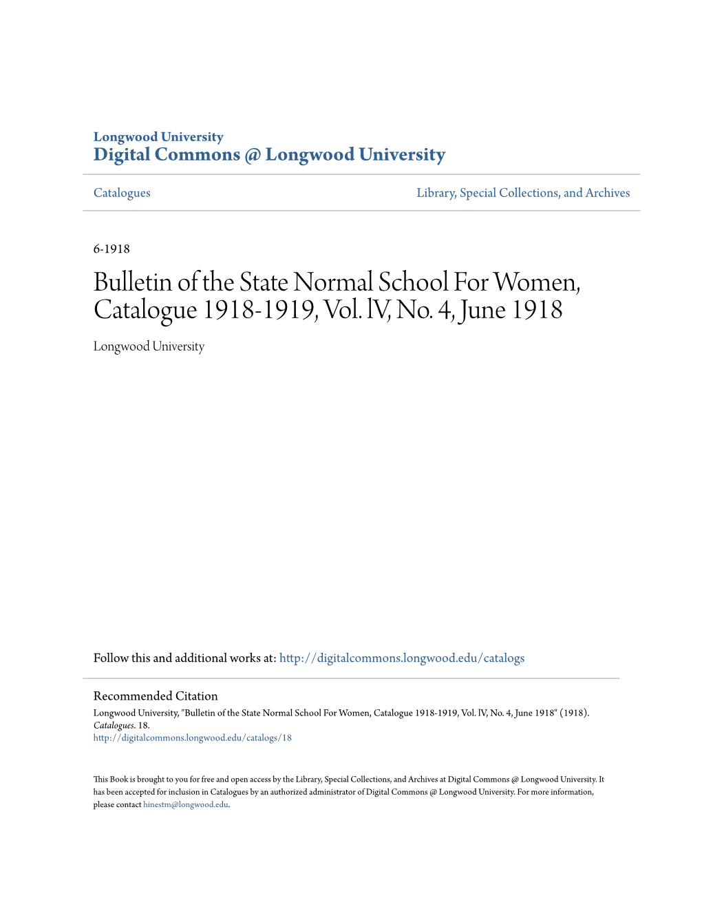 Bulletin of the State Normal School for Women, Catalogue 1918-1919, Vol