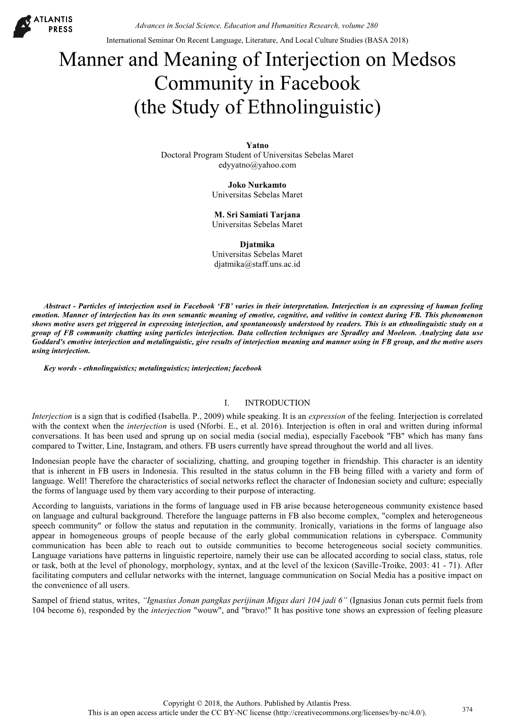 Manner and Meaning of Interjection on Medsos Community in Facebook (The Study of Ethnolinguistic)