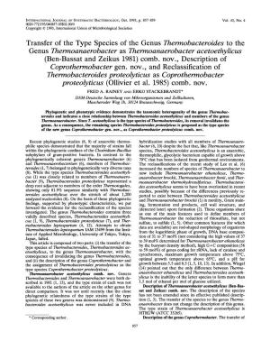 Transfer of the Type Species of the Genus Themobacteroides to the Genus Themoanaerobacter As Themoanaerobacter Acetoethylicus (Ben-Bassat and Zeikus 1981) Comb