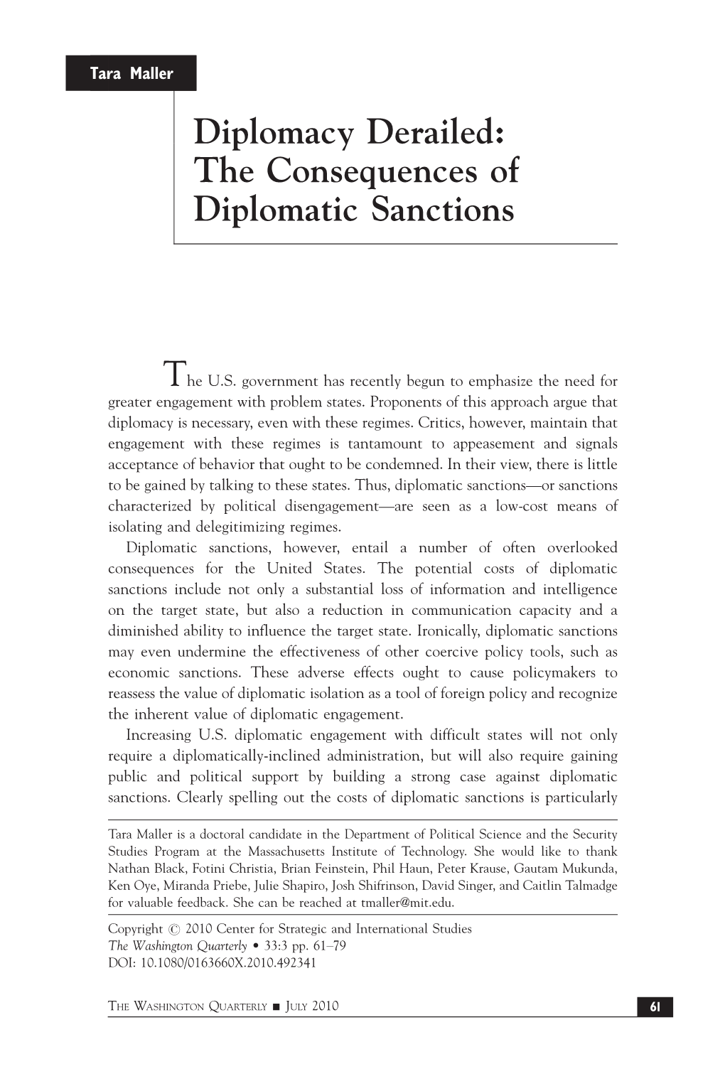 The Consequences of Diplomatic Sanctions the US Government Has