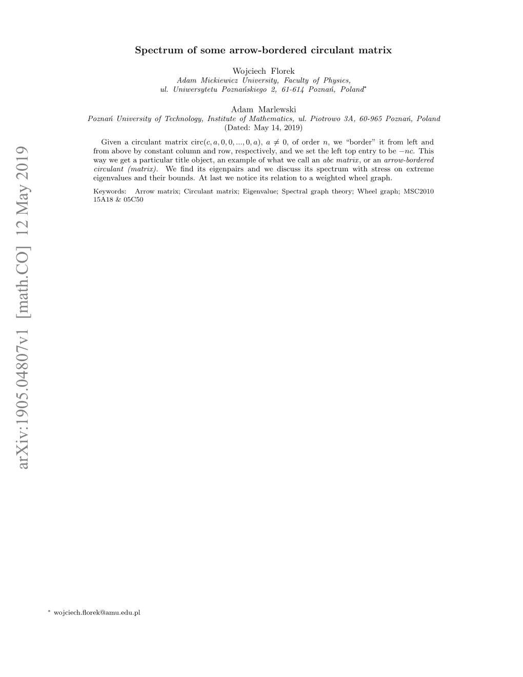 Spectrum of Some Arrow-Bordered Circulant Matrix