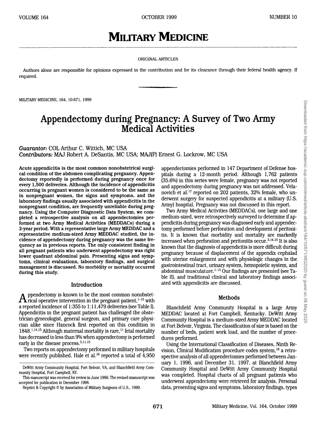 Appendectomy During Pregnancy: a Survey of Two Army Medical Activities