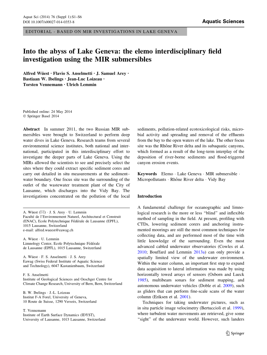 Into the Abyss of Lake Geneva: the Elemo Interdisciplinary ﬁeld Investigation Using the MIR Submersibles