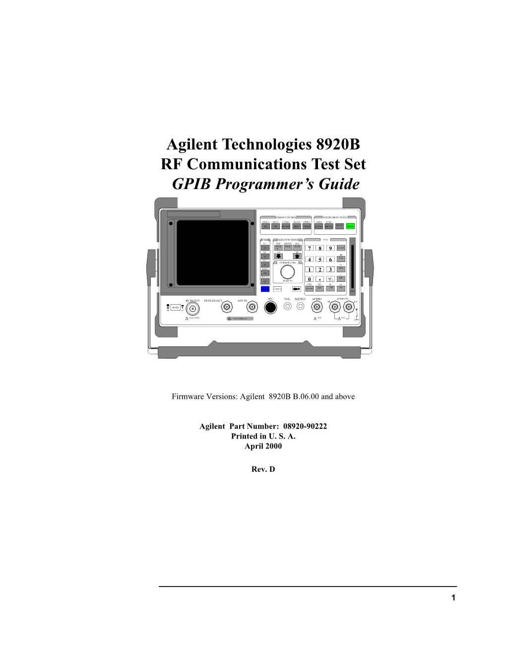 Agilent Technologies 8920B RF Communications Test Set GPIB Programmer's Guide