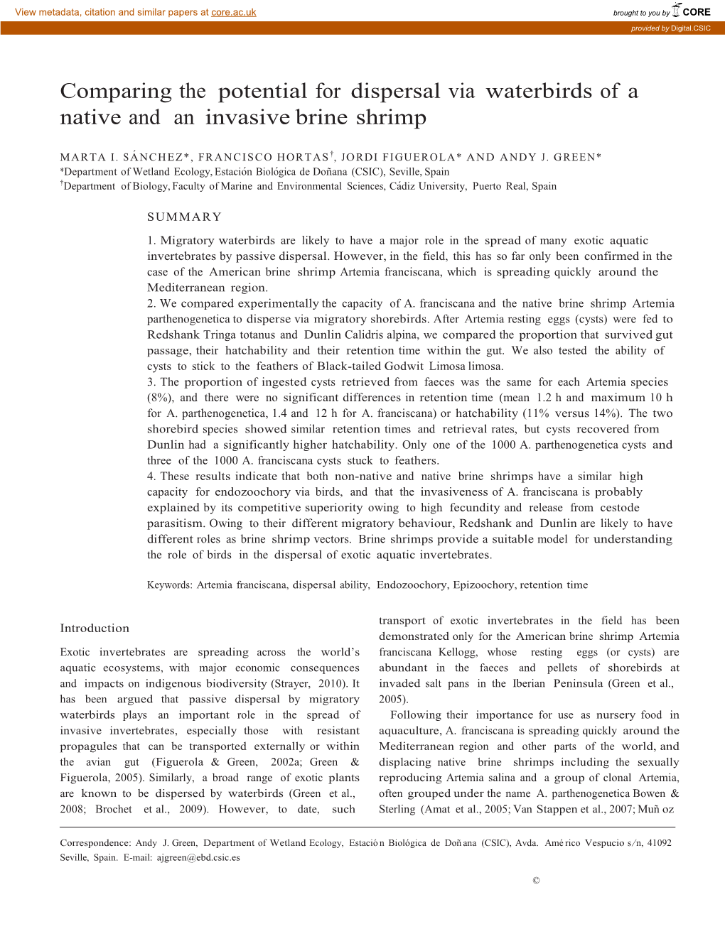 Comparing the Potential for Dispersal Via Waterbirds of a Native and an Invasive Brine Shrimp