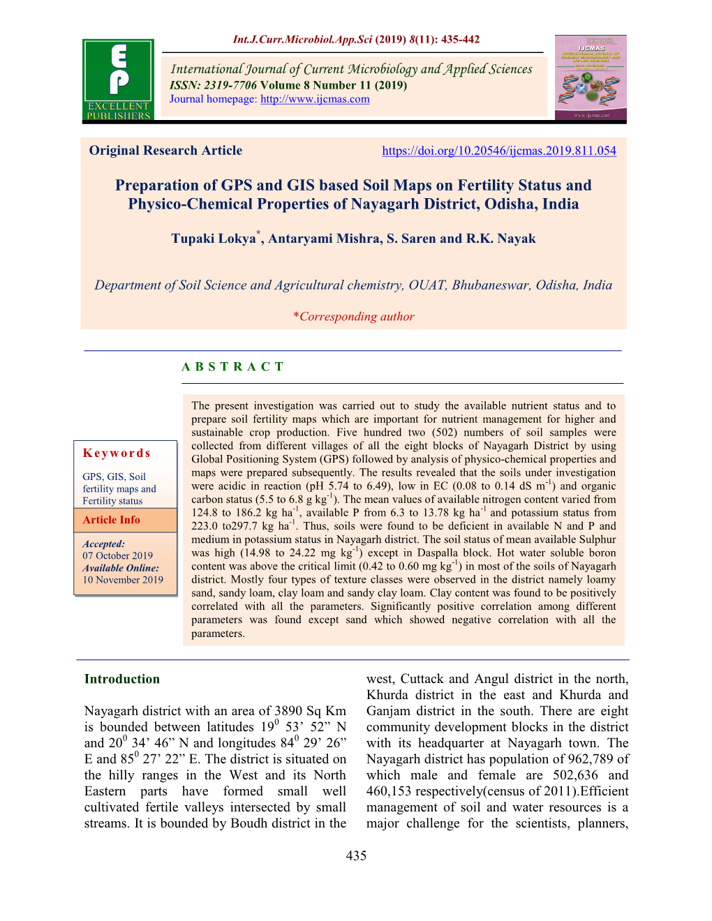 Preparation of GPS and GIS Based Soil Maps on Fertility Status and Physico-Chemical Properties of Nayagarh District, Odisha, India