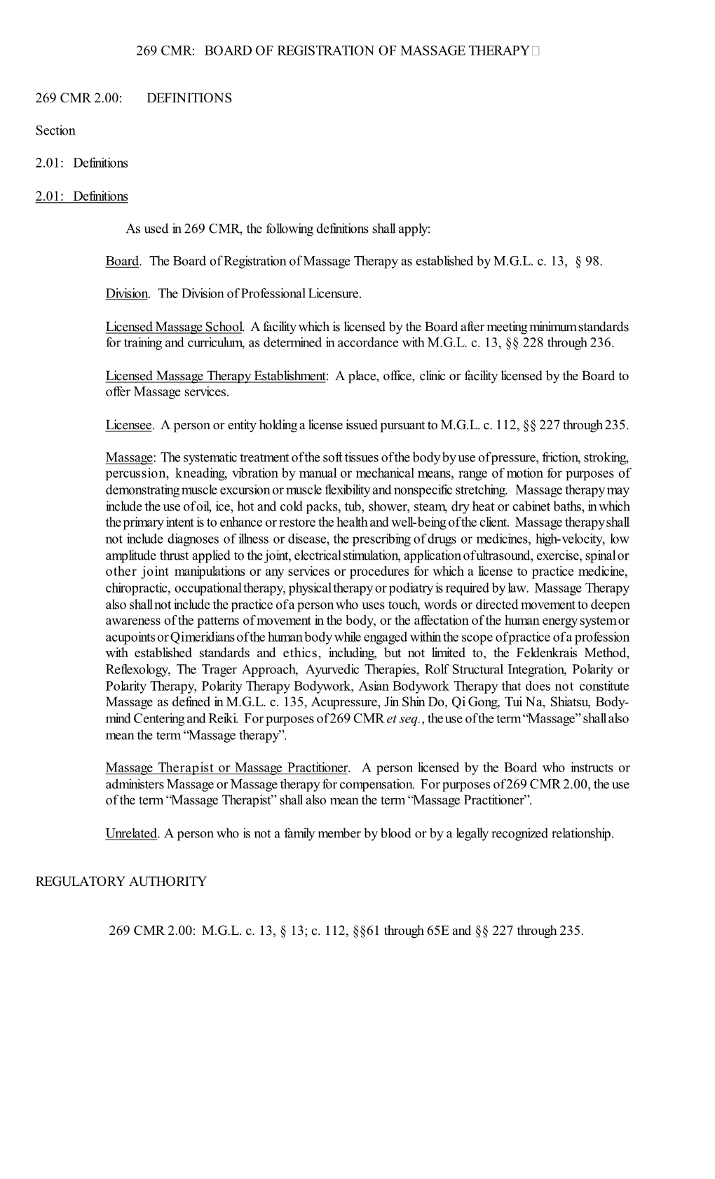 269 Cmr: Board of Registration of Massage Therapy