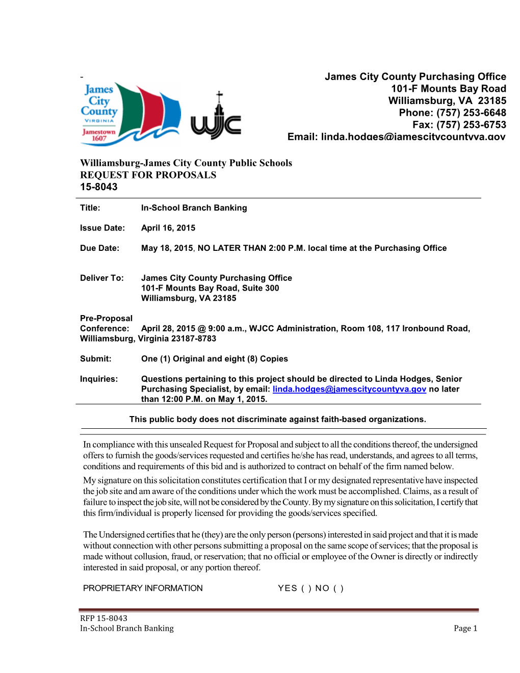 Williamsburg-James City County Public Schools REQUEST for PROPOSALS 15-8043 James City County Purchasing Office 101-F Mounts