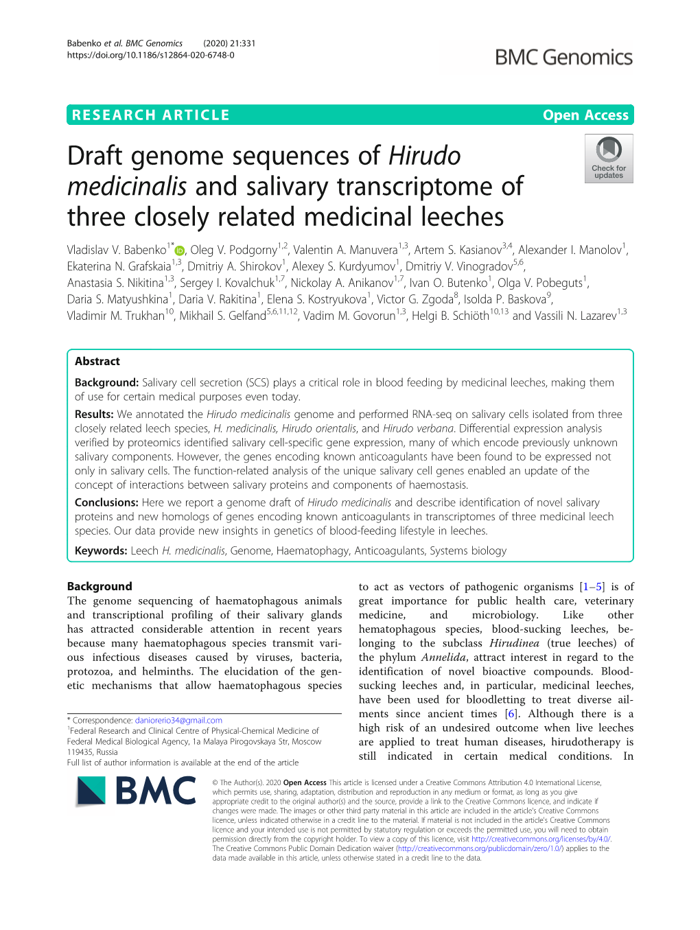Draft Genome Sequences of Hirudo Medicinalis and Salivary Transcriptome of Three Closely Related Medicinal Leeches Vladislav V