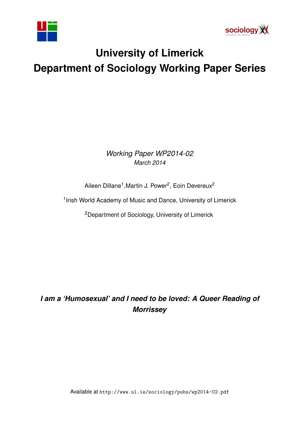 University of Limerick Department of Sociology Working Paper Series Sociology UNIVERSITY of LIMERICK