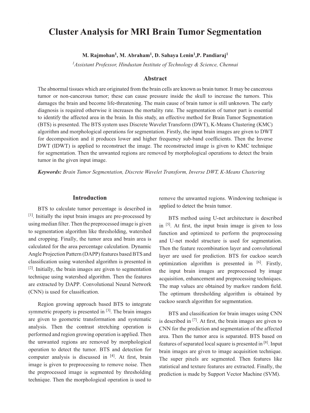 Cluster Analysis for MRI Brain Tumor Segmentation