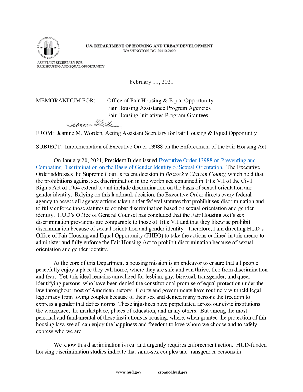 Implementation of Executive Order 13988 on the Enforcement of the Fair Housing Act