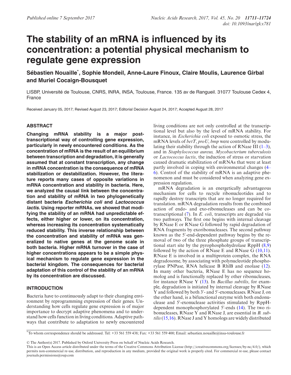 The Stability of an Mrna Is Influenced by Its Concentration